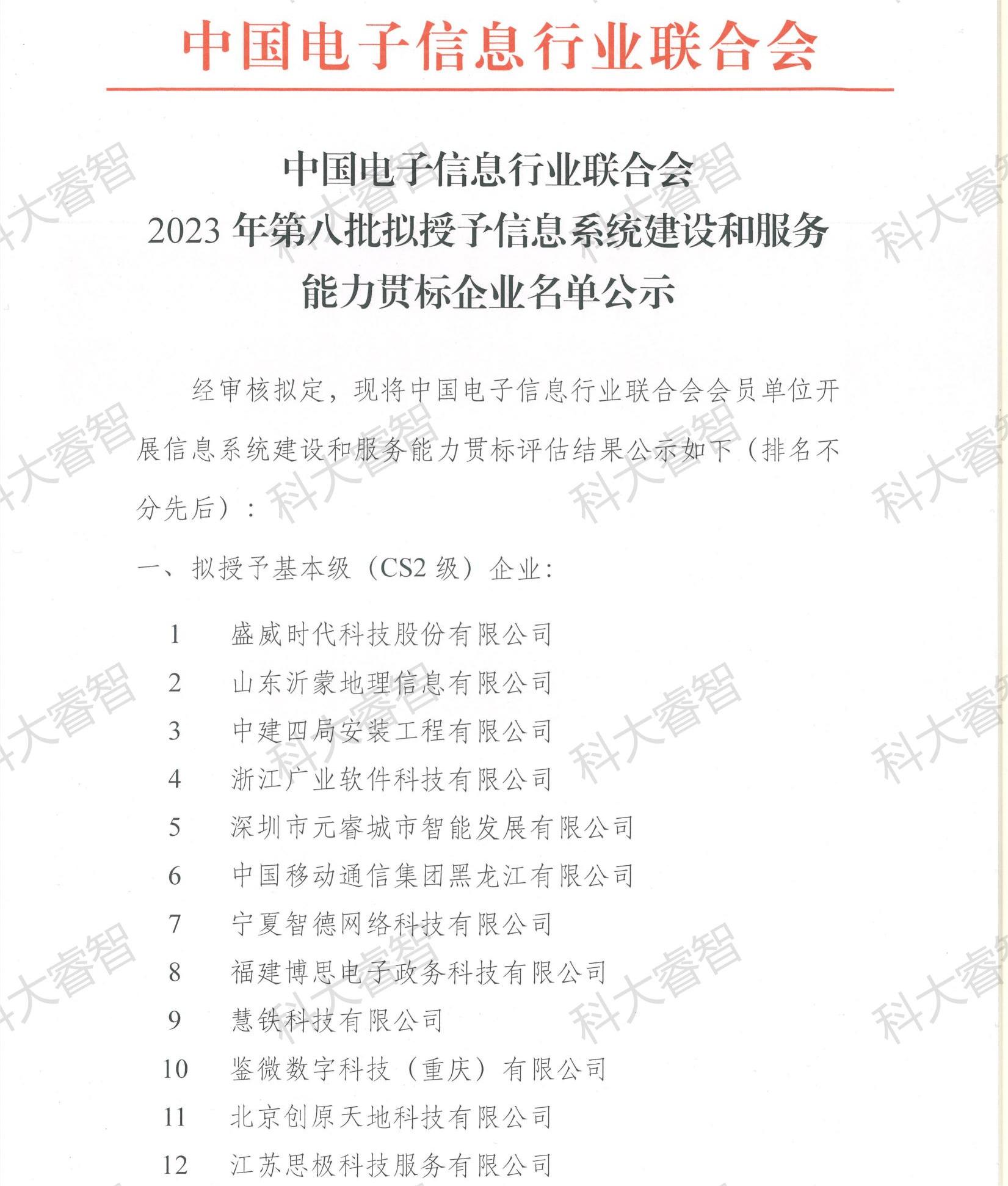 科大睿智祝賀企業(yè)上榜2023年第八批CS資質(zhì)公示名單-青島CS咨詢